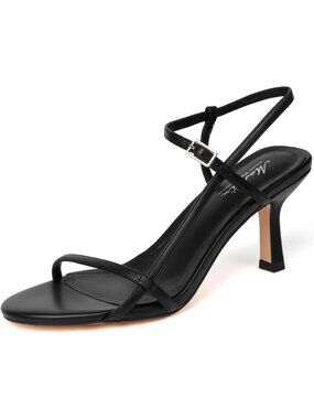 Women's Strappy Square Open Toe Heel Black Sandals Ankle Strap Stiletto Heel